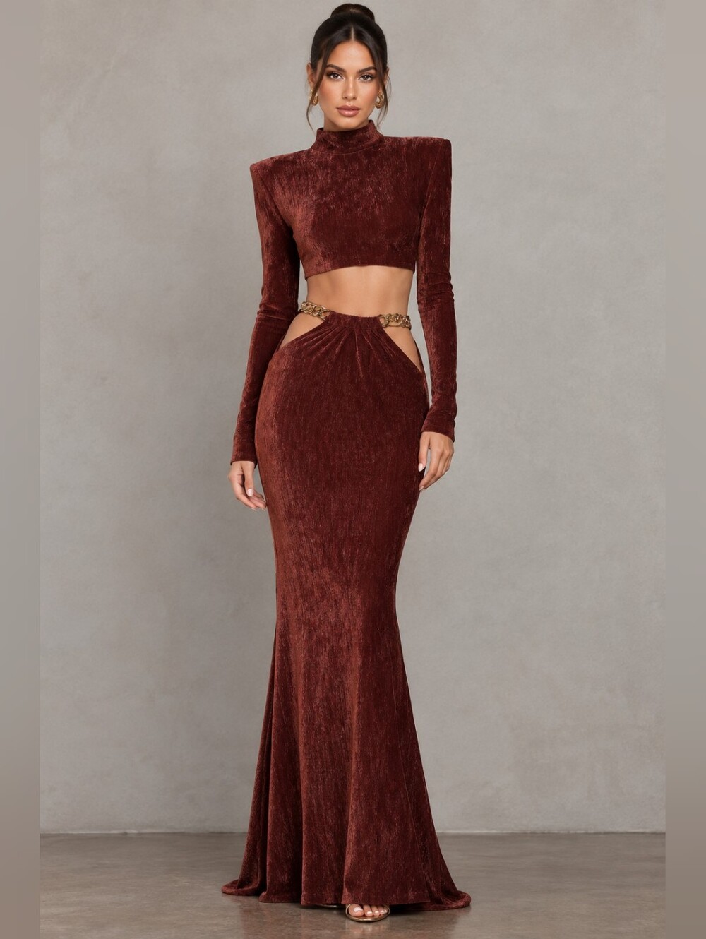 Bronx & Banco Cleopatra Rust Velvet Cutout Maxi Skirt Long Sleeve Gold Chain - Picture 1 of 15